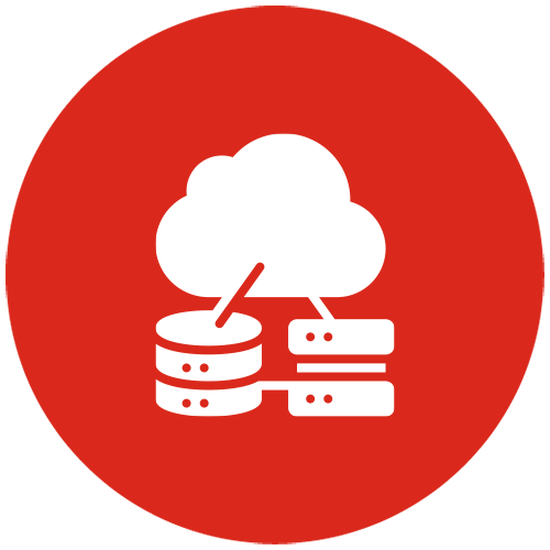 An icon of a cloud migration process on a red circle.