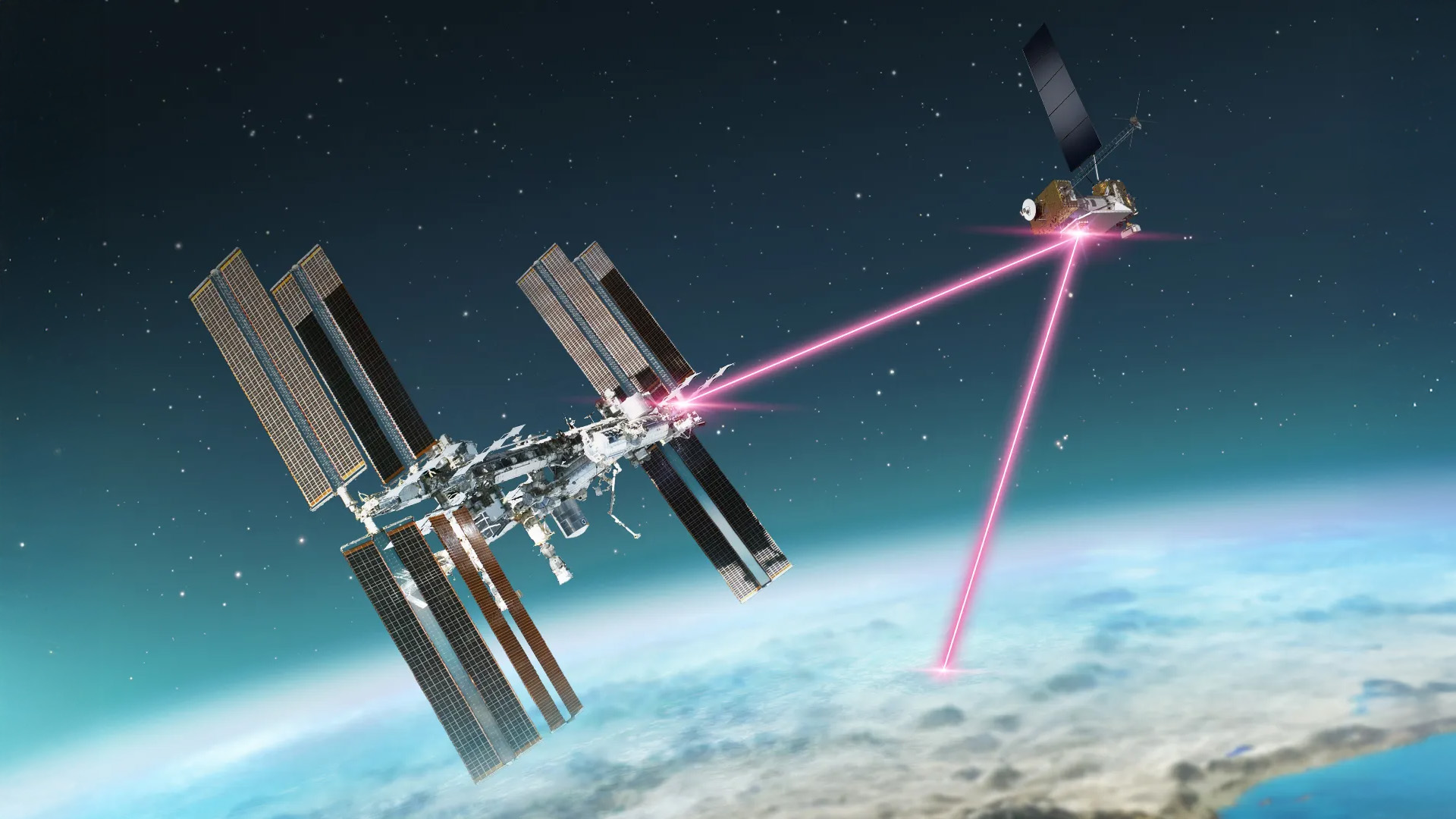 a satellite with lasers emitting from it in space.