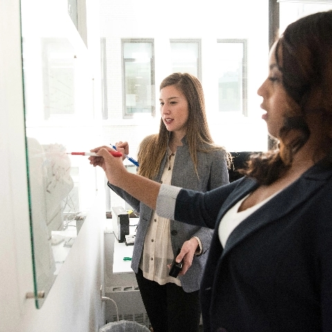 Two co-workers working at a white board.